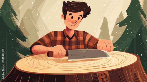 A man in a checkered shirt, holding a knife, rests it on a tree stump in a forest