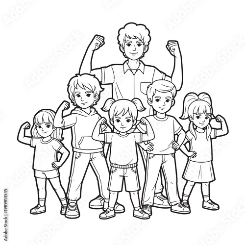 Group of children and adult posing proudly showing their strength and teamwork.