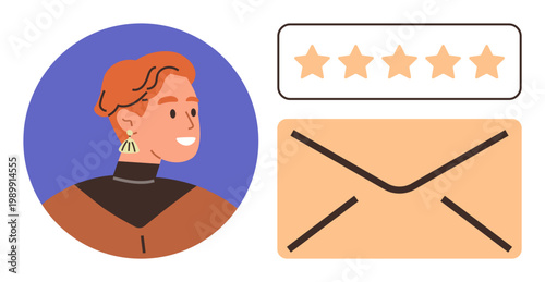 Customer feedback, communication, rating systems, online review, email marketing, business . Smiling woman, star rating and message envelope. Customer feedback and communication