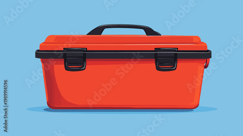 A vibrant, simplified illustration of a tool case. Red body, black handle and clasps on a blue background