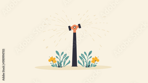 A cartoon illustration of a sprinkler watering a flower bed, with the water spraying outwards