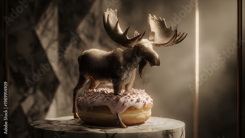 {Studio-litgolden hourneon noir} portrait of a donut-bodied moose with {glossymatteiridescent} icing, delicate alfalfa eyelashes framing its {emeraldamberobsidian} eyes, posed against a {marble plinth