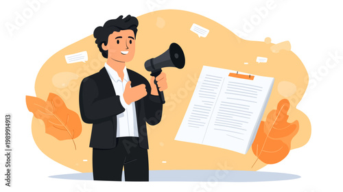 A smiling person in a business suit holding a megaphone and facing a document with orange accents