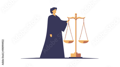 Illustration of a robed person holding scales of justice, depicting fairness and legal concept