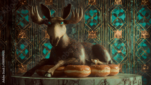 {Studio-litgolden hourneon noir} portrait of a donut-bodied moose with {glossymatteiridescent} icing, delicate alfalfa eyelashes framing its {emeraldamberobsidian} eyes, posed against a {marble plinth