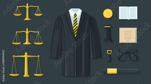 A flat-design illustration, featuring scales of justice, a judge's robe, and other legal icons