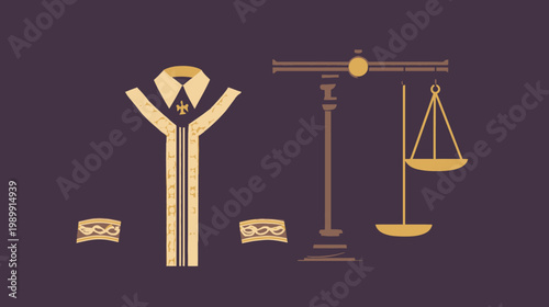 Stylized illustration featuring a judicial robe and scales of justice, set against a dark purple backdrop