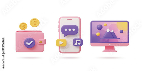 3D Business and Lifestyle Icon Set featuring Pink Digital Wallet Smartphone with Social Media Icons and Desktop Computer Monitor for Web and Mobile App Design