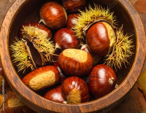 Bowl filled with chestnuts and spiky husks on rustic wood surface, autumnal composition
