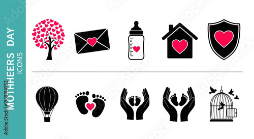 Various icons represent love and care on Mothers Day including hands holding hearts and gifts