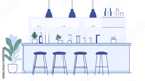 A stylized illustration of an indoor bar with stools, overhead lighting, and potted plants