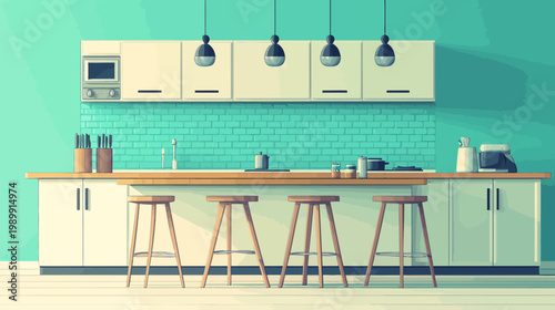 A modern, minimalist kitchen rendered in a flat, illustrative style, featuring an island with stools
