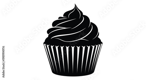A detailed black silhouette of a frosted cupcake with a patterned wrapper silhouette