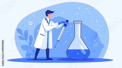 A scientist in a lab coat, using a syringe to extract liquid from a flask in a lab setting