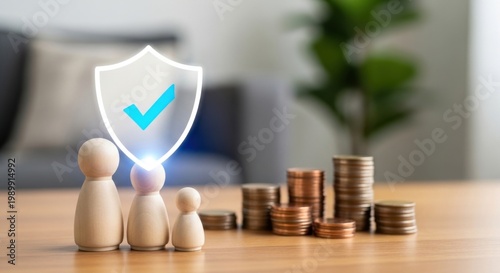 Wooden family figures with a digital shield icon and stacks of coins on a table, representing financial protection and family insurance