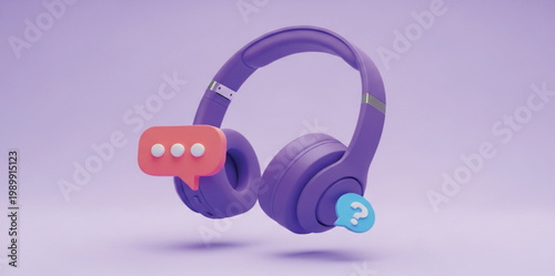 3D Purple Headphones with Speech Bubble and Question Mark for Customer Support Online Help Call Center and Audio Communication Service Design Visual Assets