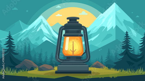 A camping lantern illuminates a mountain scene with layered trees, and a setting sun