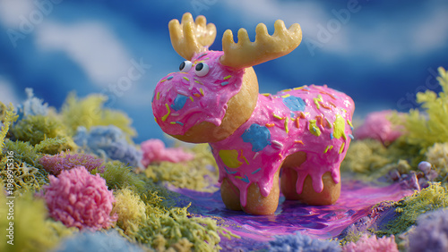 A child’s finger-painting come to life the donut-moose stands in a crayon-bright meadow, its body a swirl of pink frosting and rainbow sprinkles, blobs of paint still wet on its surface. Alfalfa eyes,