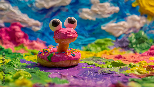 A child’s finger-painting come to life the donut-moose stands in a crayon-bright meadow, its body a swirl of pink frosting and rainbow sprinkles, blobs of paint still wet on its surface. Alfalfa eyes,