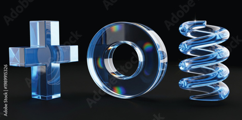 Abstract 3D Geometric Set of Blue Glass Shapes Featuring Plus Sign Torus Ring and Spiral Coil on Black Background for Modern Technology Design Visual Elements