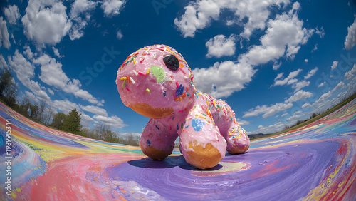 A child’s finger-painting come to life the donut-moose stands in a crayon-bright meadow, its body a swirl of pink frosting and rainbow sprinkles, blobs of paint still wet on its surface. Alfalfa eyes,