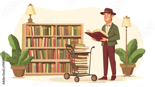 Illustration of a man reading a book by a bookshelf with plants, a lamp, and a book cart