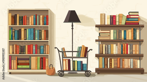 A cozy illustration of a library with shelves and books. A lamp and a cart complete the space