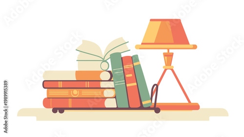 Illustration of books and a lamp. Books in various colors are held by a dark stand with a lamp