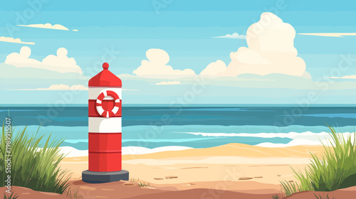 Pixelated artwork of a red and white seaside marker with a life ring, beach, and ocean