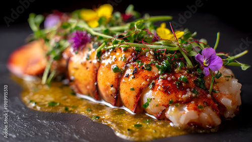 Close-up macro shot of a butter-poached lobster tail, split open to reveal the {steamingglistening} flesh, garnished with {microgreensedible flowers}, shot on a {black slatedriftwood} background with 