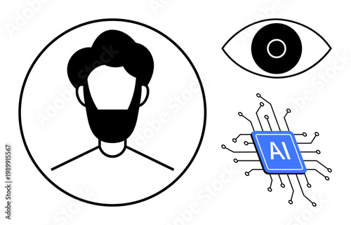 Face recognition, AI technology, identity verification, data security, surveillance, biometric authentication. Minimalist design with a face, eye and AI chip. Face recognition and AI technology