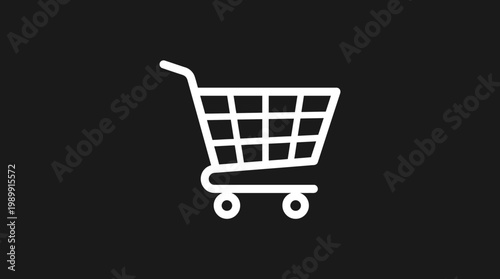 A simple white shopping cart icon on a black background represents online shopping.