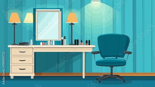 A cartoon depiction of a vanity table with mirror and chair, in front of turquoise blue walls