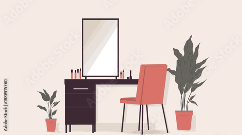 A modern minimalist vanity set with a mirror, chair, plants, and makeup on a neutral background