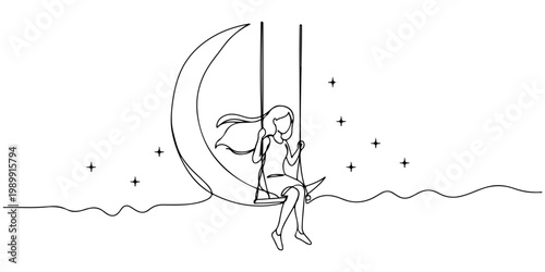Girl Sitting on a Crescent Moon Swing Above Water in a Dreamy Line Drawing.