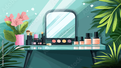 A vanity scene with makeup items, a mirror, tropical leaves, and pink flowers in a pot