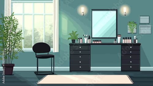 Pixelated illustration of a dressing room with makeup, mirror, and plants