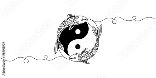 Hand-drawn yin and yang koi fish illustration with flowing lines.
