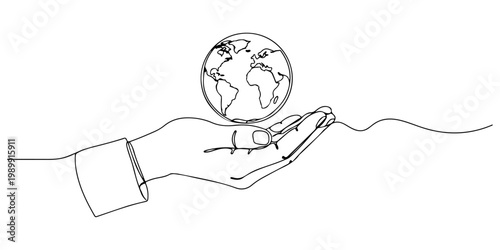 Minimalist continuous line drawing of a hand holding the Earth and seedling symbolizing environmental care.