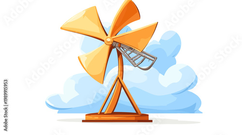 A cartoon illustration of a wind turbine against a cloudy sky. The blades are yellow