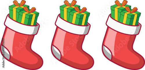 3 d glossy red christmas stocking filled with wrapped green and gold gifts