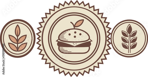 Retro sticker set with smiling sun and floral in muted tones