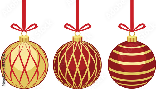 Luxury gold and red striped christmas baubles with red ribbons