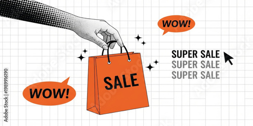 Super Sale Shopping Concept Illustration with Hand Holding Bag Wow Speech Bubbles and Promotional Text for Retail Marketing Design