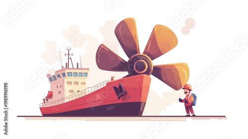 A stylized illustration depicting a ship, its large propeller, and an engineer walking towards it