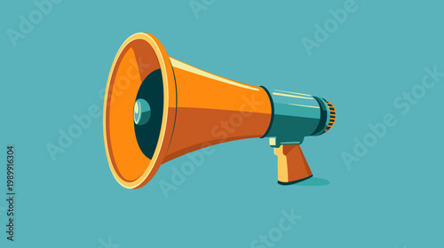 A vibrant, geometric illustration of a retro orange and teal loudspeaker on a teal background