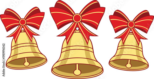 Golden jingle bells with red ribbon bows hanging isolated