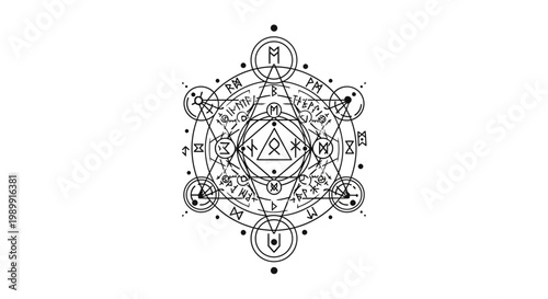 Intricate geometric mandala design with symbols.