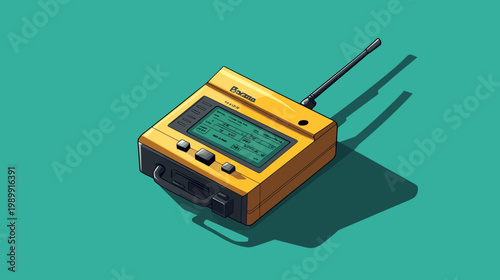 Isometric stylized illustration of a yellow device with a display, a handle, and an antenna