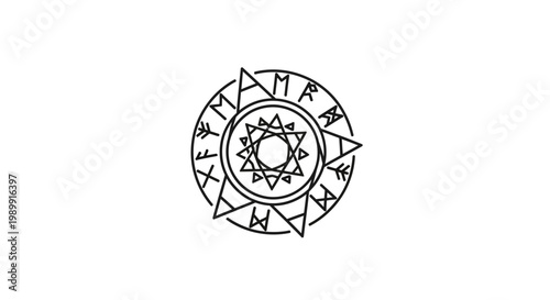 A mystical symbol with sun and geometric patterns.